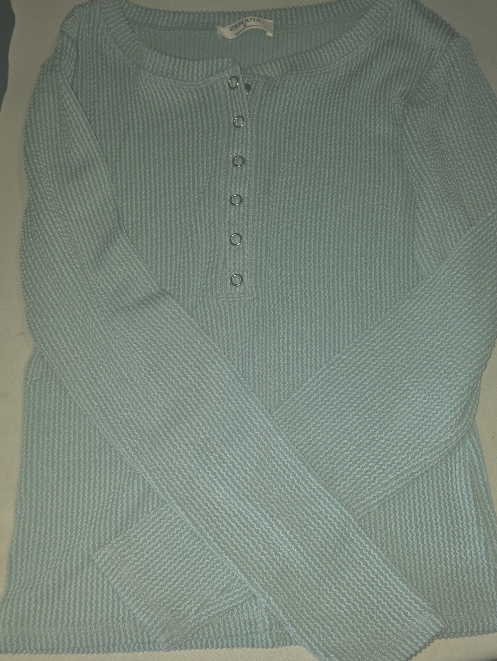 Zenana Outfitters Mint Blue Ribbed Scoop Henley Sweater